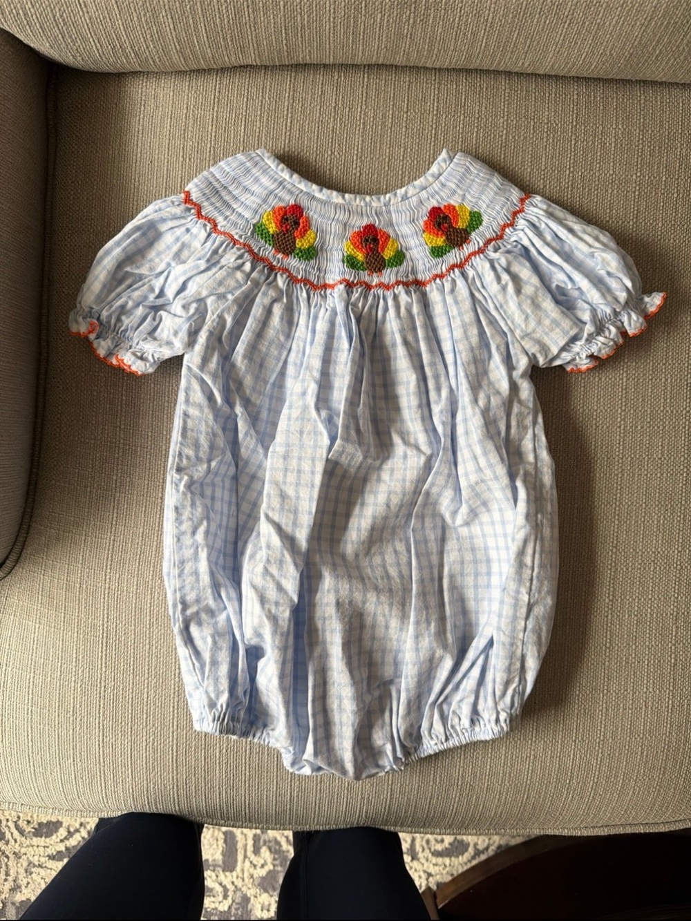 Poppy kids Smocked Blue Gingham Bubble Romper with Turkey Embroidery